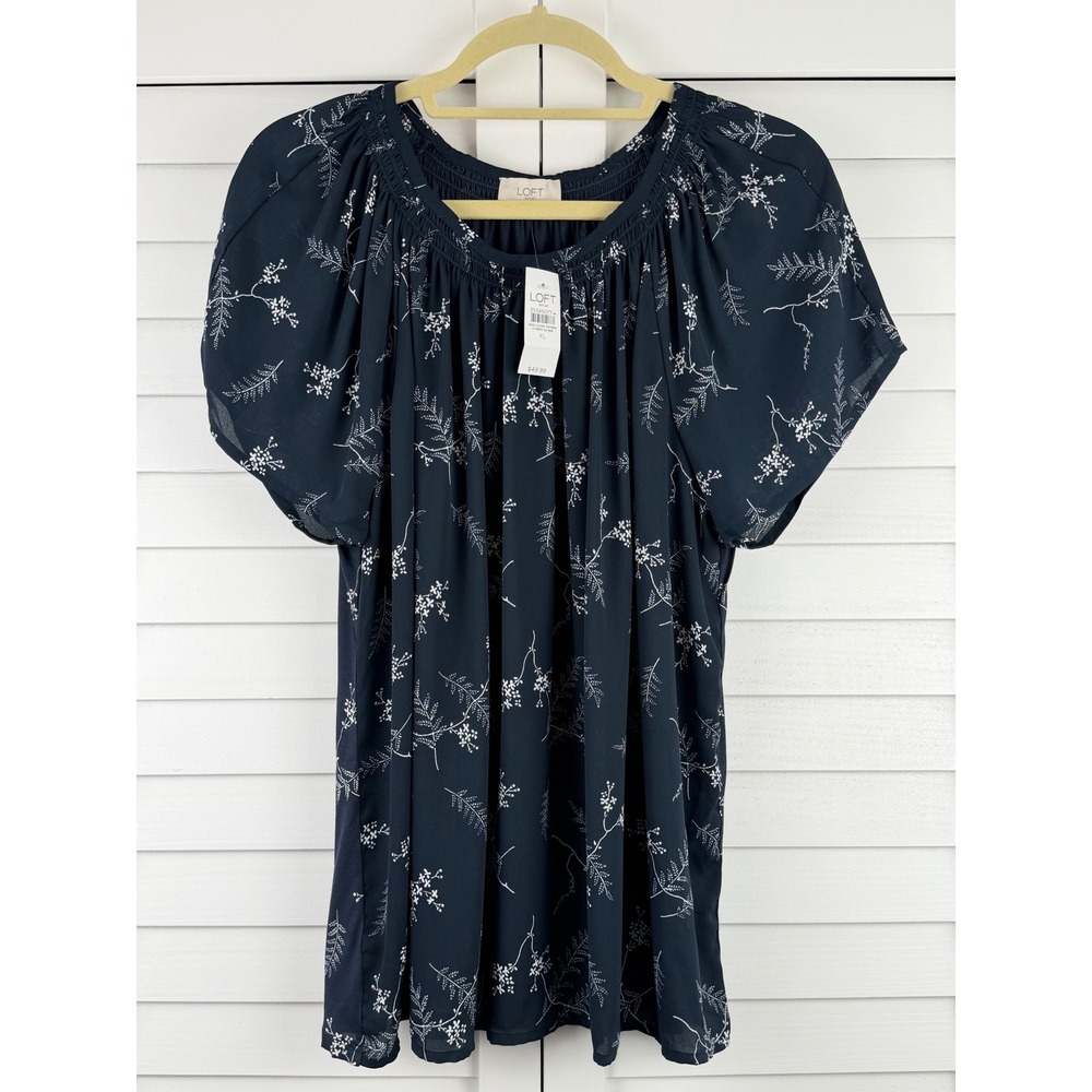 LOFT Outlet Blouse XL Navy Blue Floral Smocked Neck Short Sleeve NEW